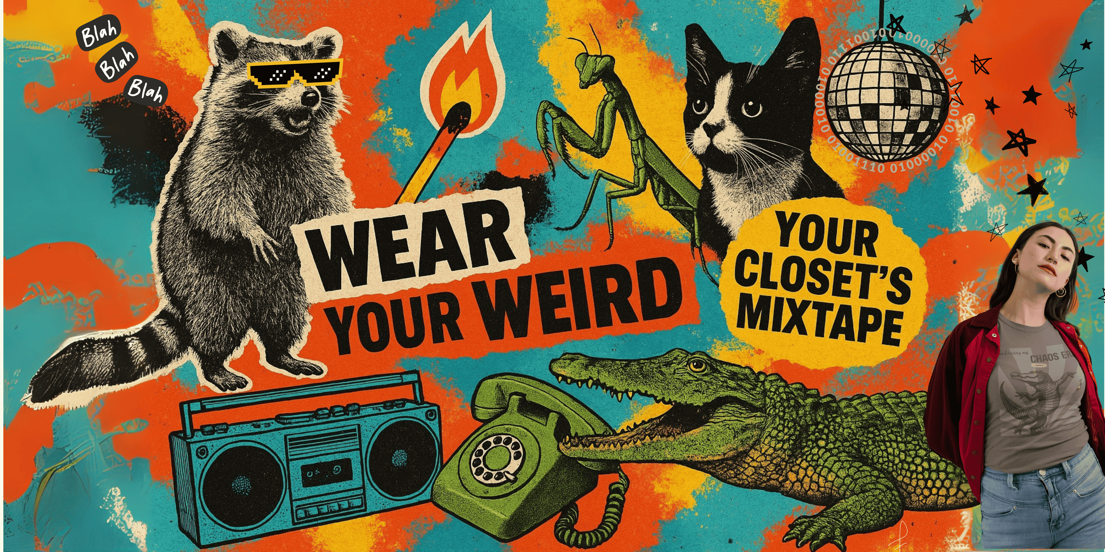 Colorful banner of teal, orange and, yellow with  images of silly animals, text, t-shirt, and retro designs with text 'Wear Your Weird - Your Closet's Mixtape' on a vibrant, collage-style background.