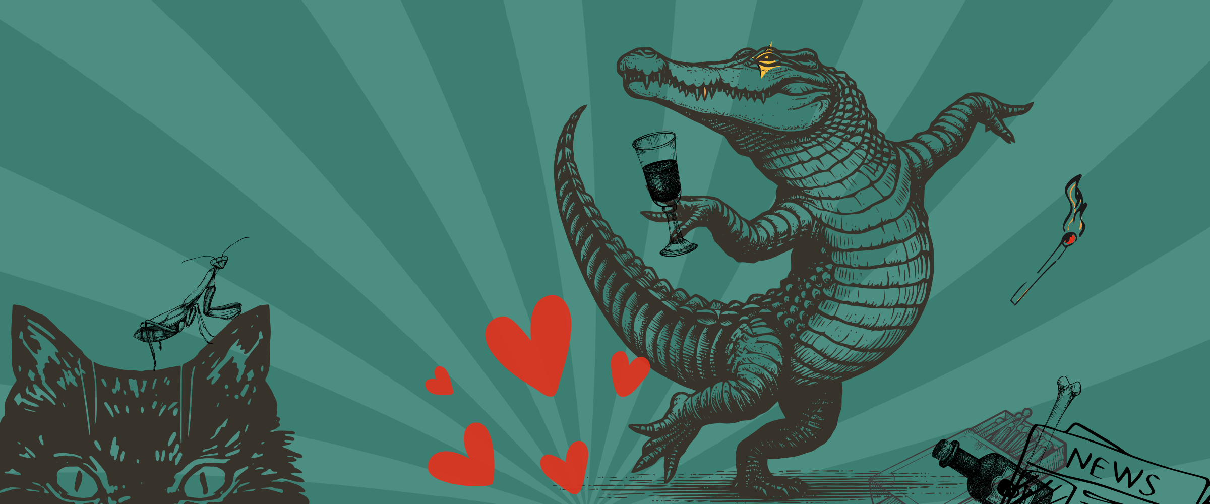 Illustration of a crocodile holding a glass, surrounded by hearts and a cat on a teal background